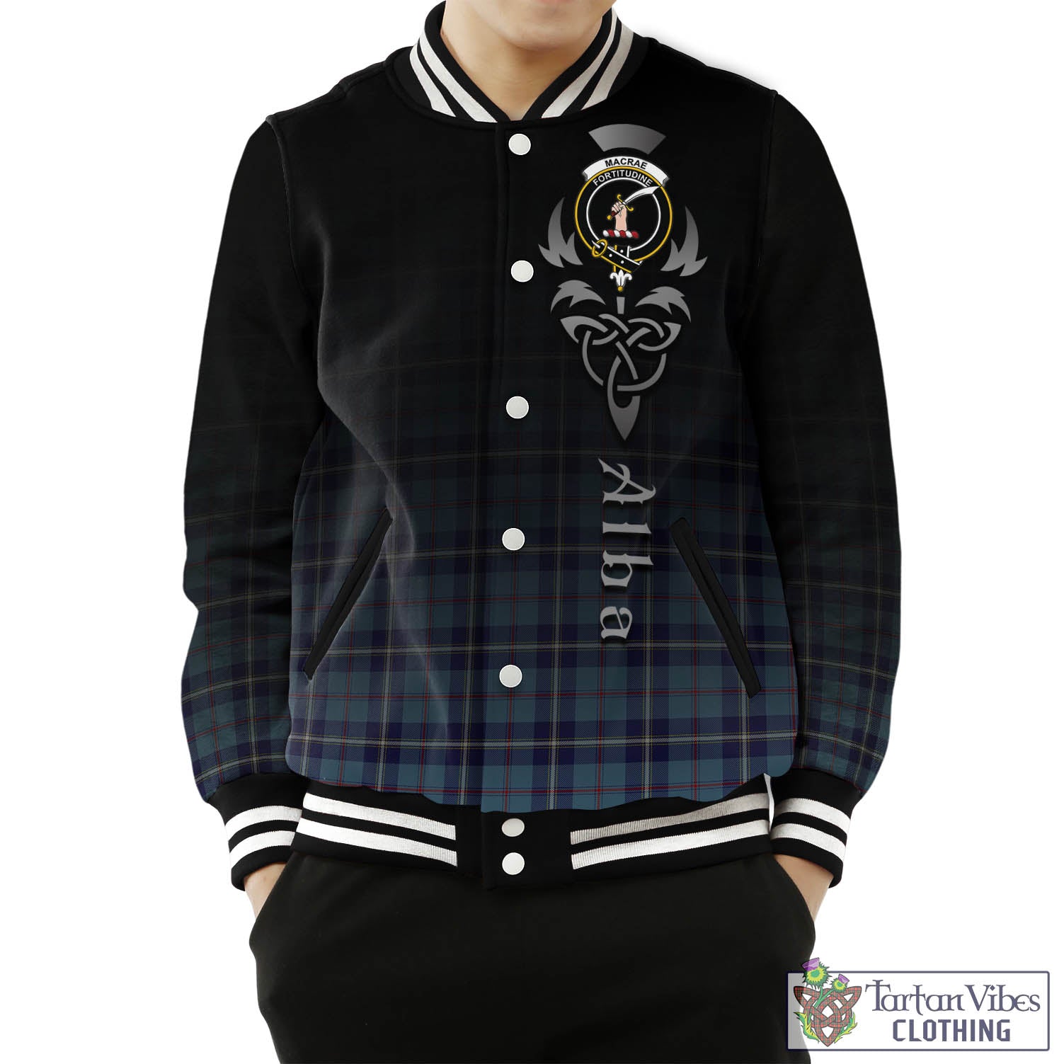 Tartan Vibes Clothing MacRaes of America Tartan Baseball Jacket Featuring Alba Gu Brath Family Crest Celtic Inspired