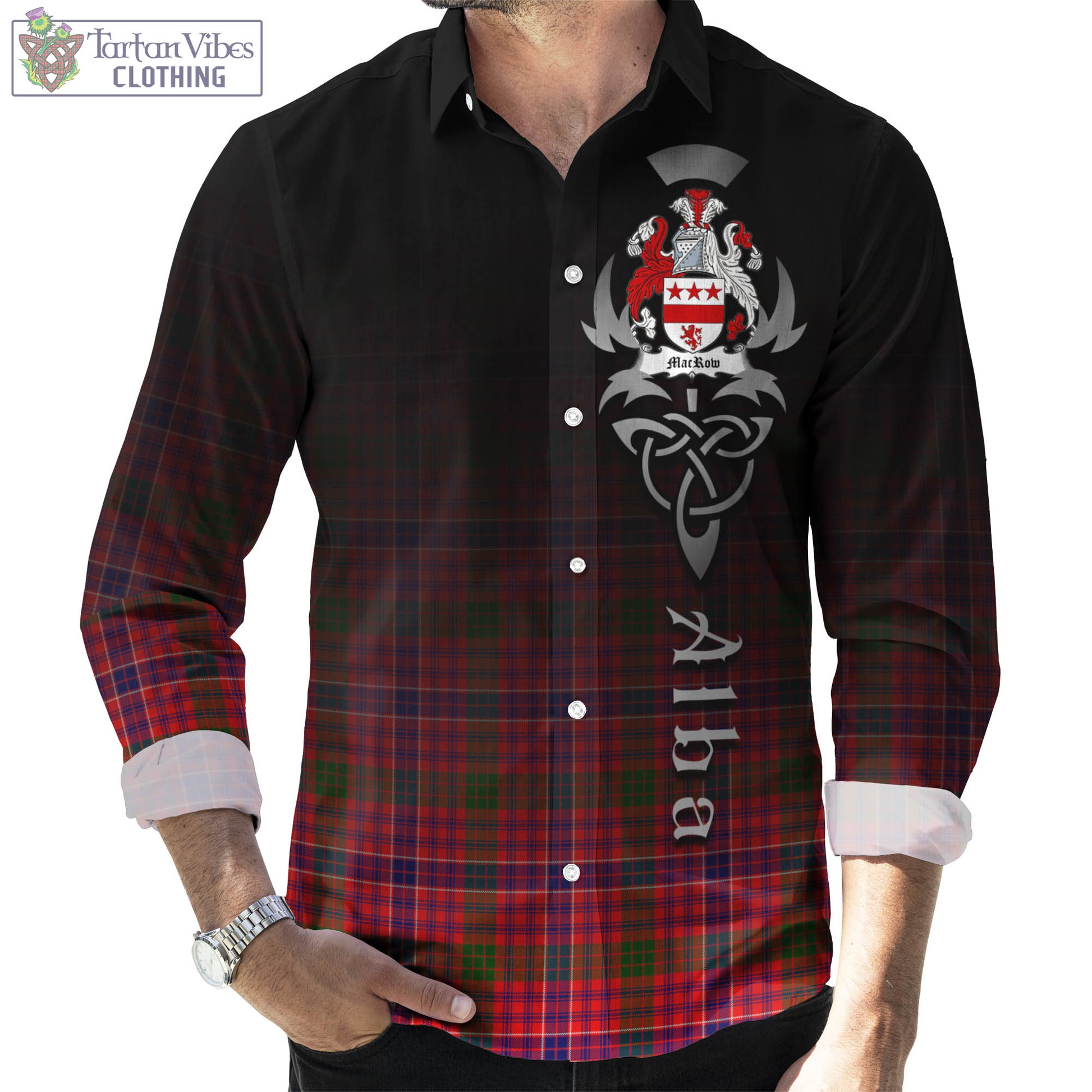 Tartan Vibes Clothing MacRow Tartan Long Sleeve Button Up Featuring Alba Gu Brath Family Crest Celtic Inspired