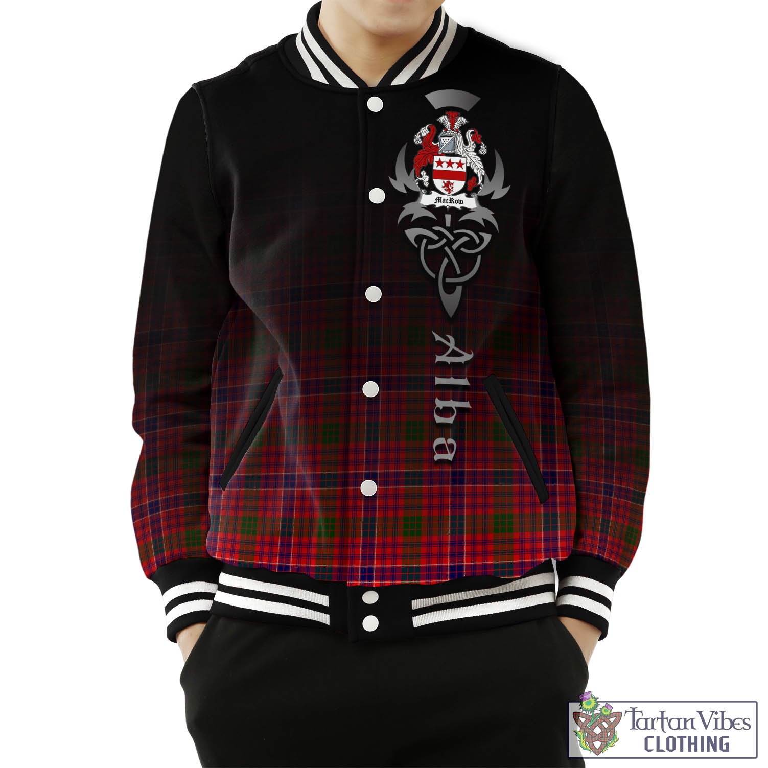 Tartan Vibes Clothing MacRow Tartan Baseball Jacket Featuring Alba Gu Brath Family Crest Celtic Inspired