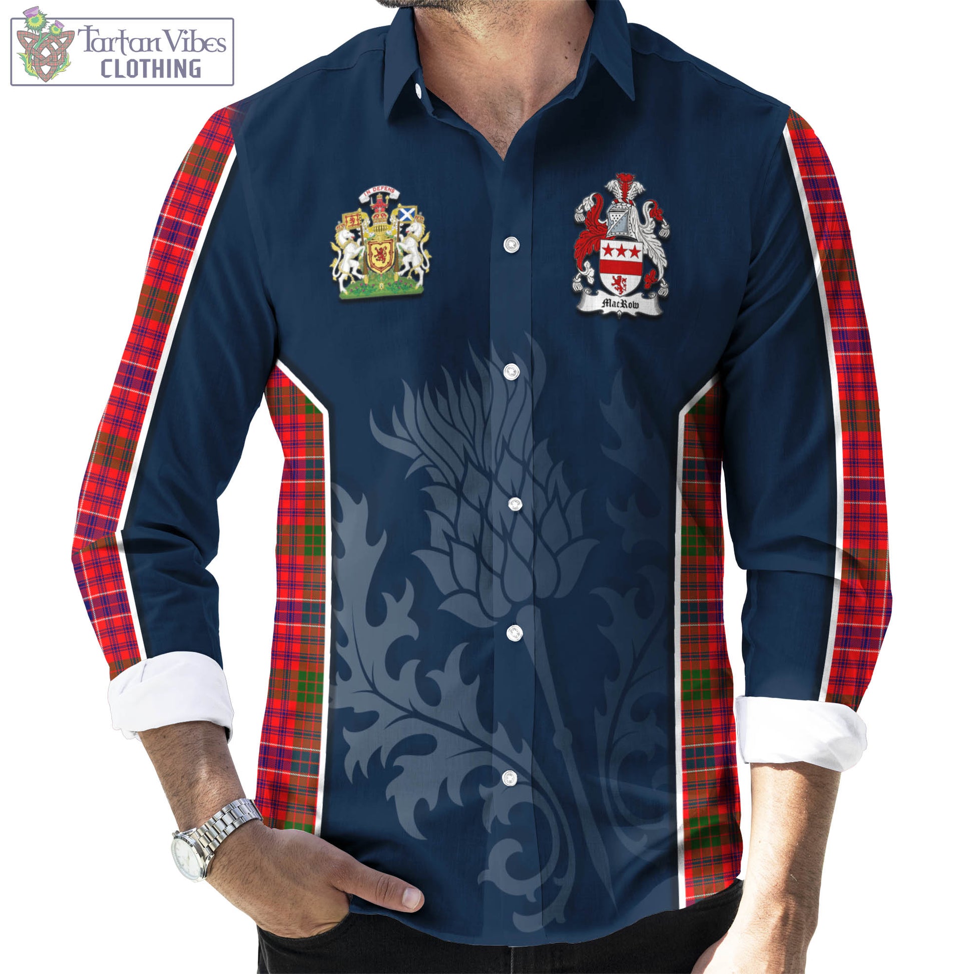 Tartan Vibes Clothing MacRow Tartan Long Sleeve Button Up Shirt with Family Crest and Scottish Thistle Vibes Sport Style