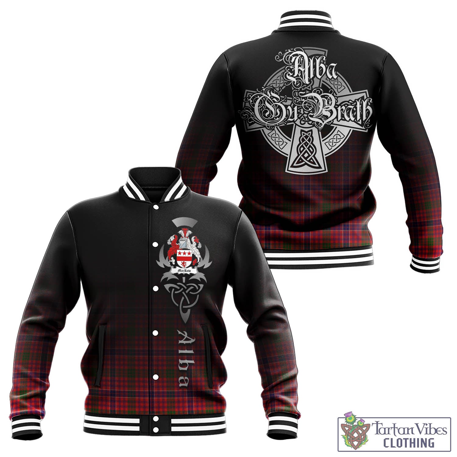 Tartan Vibes Clothing MacRow Tartan Baseball Jacket Featuring Alba Gu Brath Family Crest Celtic Inspired