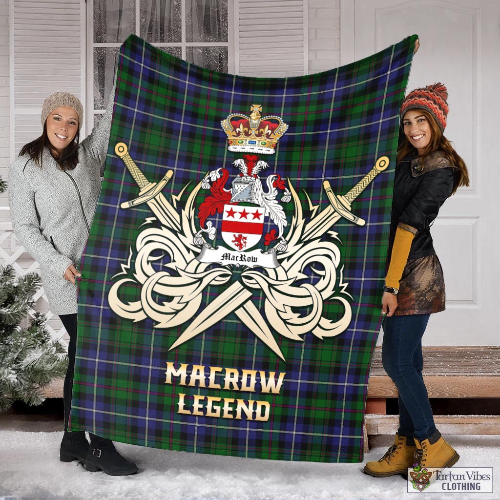 Tartan Vibes Clothing MacRow Hunting Tartan Blanket with Clan Crest and the Golden Sword of Courageous Legacy