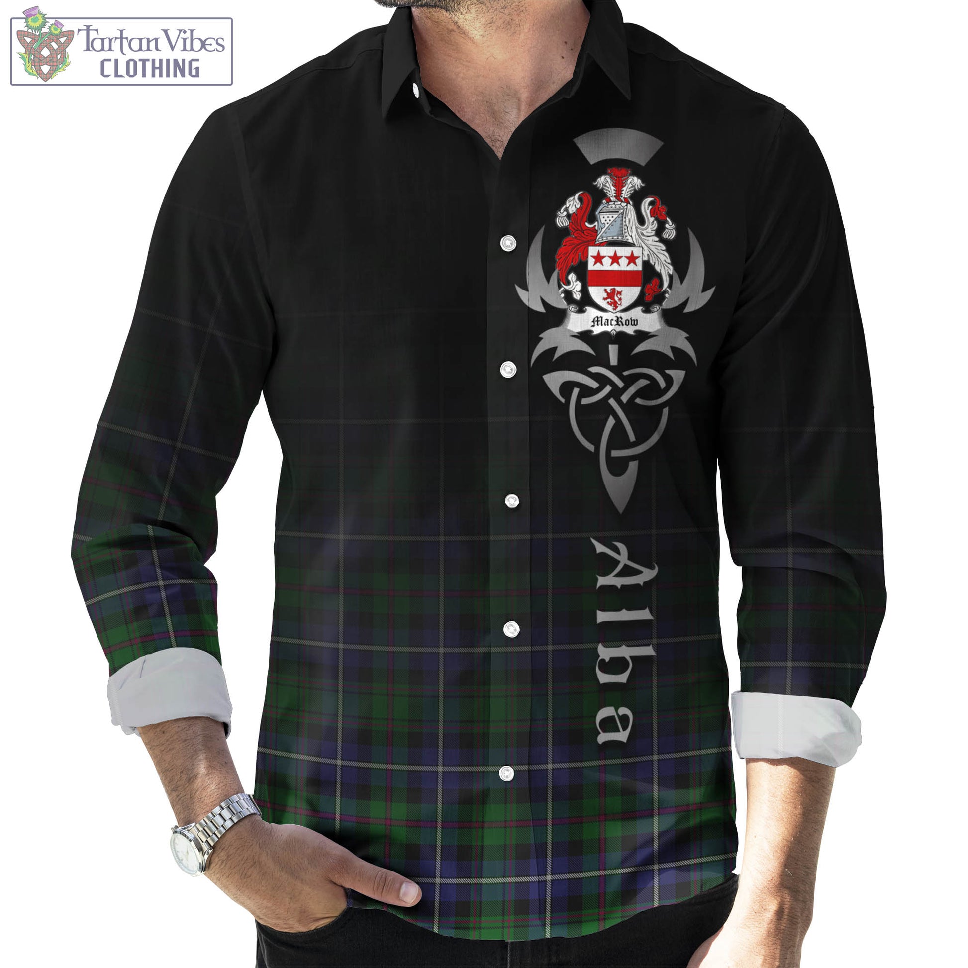 Tartan Vibes Clothing MacRow Hunting Tartan Long Sleeve Button Up Featuring Alba Gu Brath Family Crest Celtic Inspired