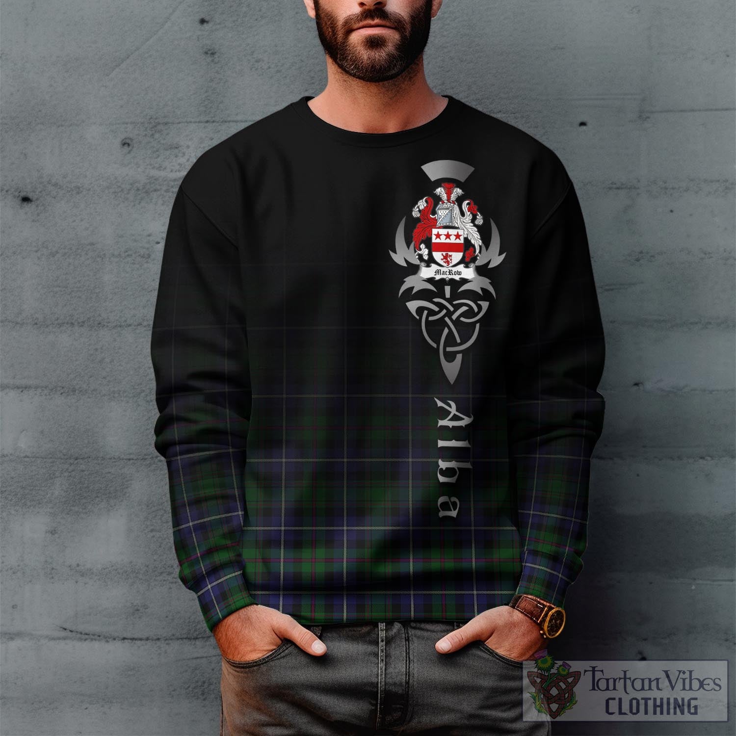 Tartan Vibes Clothing MacRow Hunting Tartan Sweatshirt Featuring Alba Gu Brath Family Crest Celtic Inspired