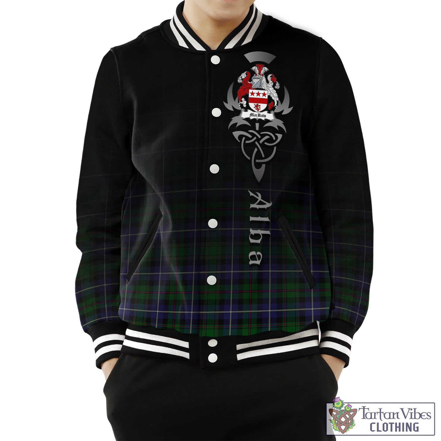 Tartan Vibes Clothing MacRow Hunting Tartan Baseball Jacket Featuring Alba Gu Brath Family Crest Celtic Inspired