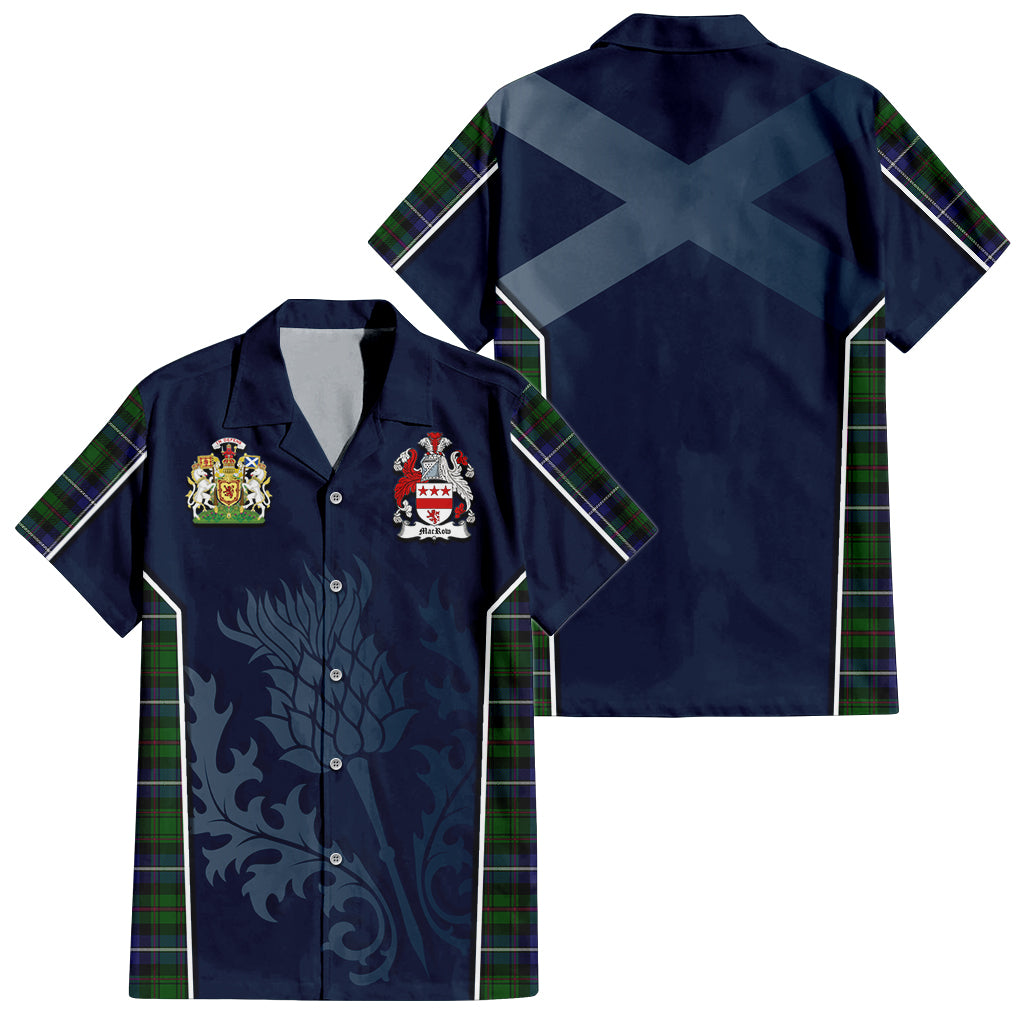 Tartan Vibes Clothing MacRow Hunting Tartan Short Sleeve Button Up Shirt with Family Crest and Scottish Thistle Vibes Sport Style