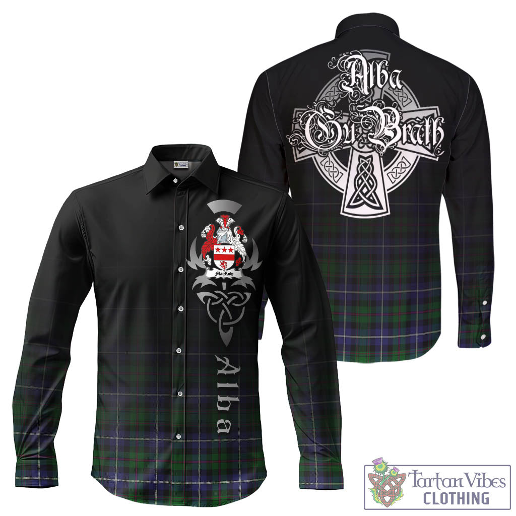 Tartan Vibes Clothing MacRow Hunting Tartan Long Sleeve Button Up Featuring Alba Gu Brath Family Crest Celtic Inspired