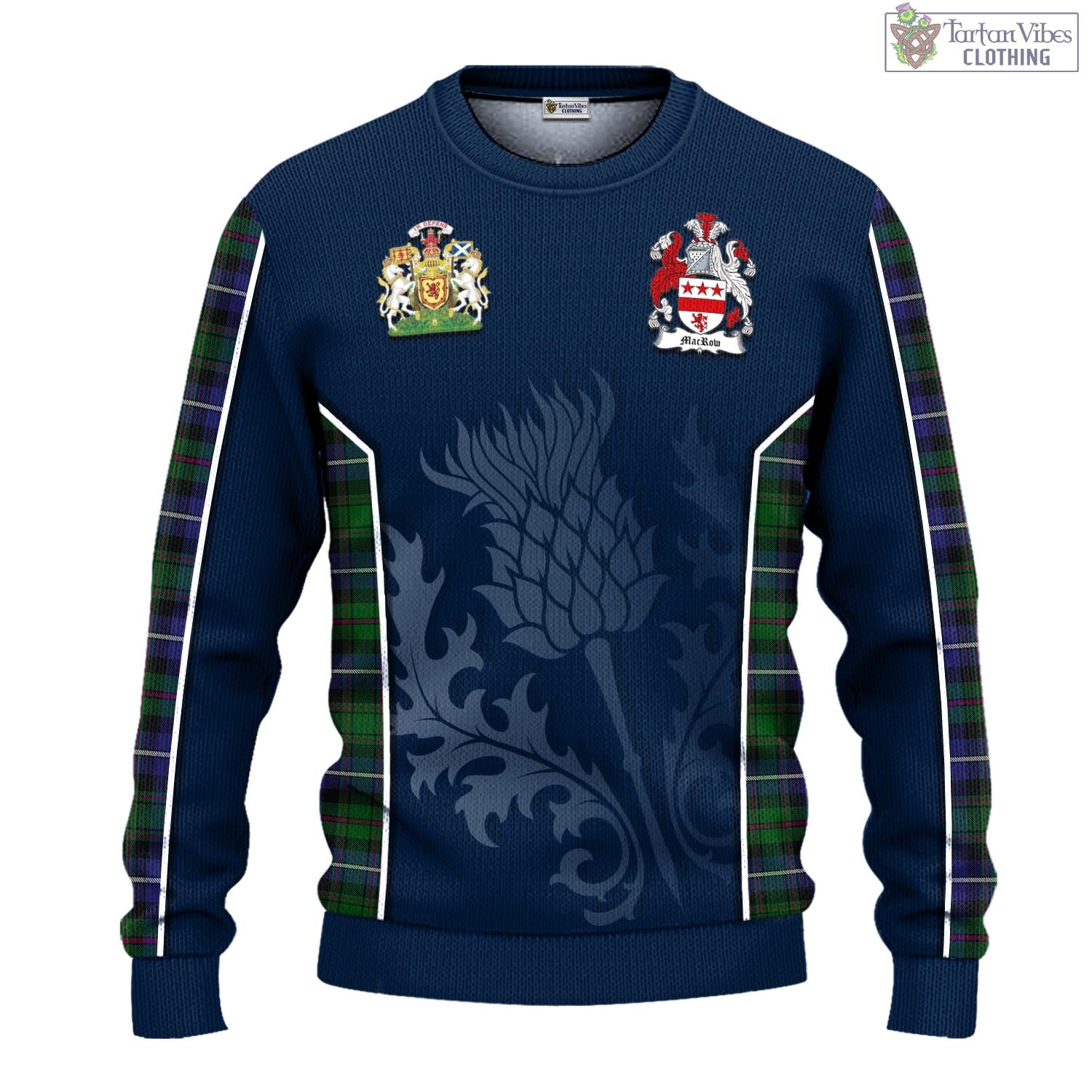 Tartan Vibes Clothing MacRow Hunting Tartan Knitted Sweatshirt with Family Crest and Scottish Thistle Vibes Sport Style