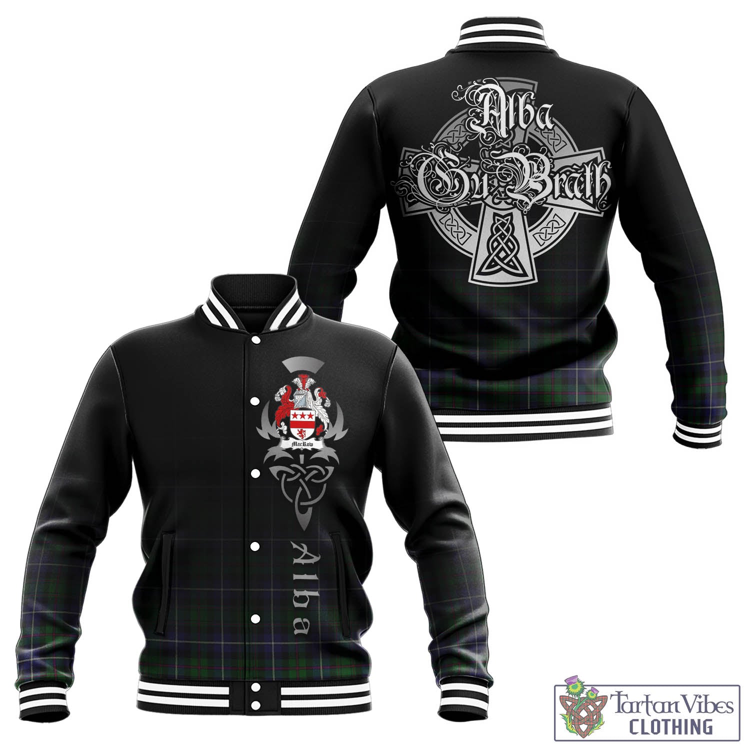 Tartan Vibes Clothing MacRow Hunting Tartan Baseball Jacket Featuring Alba Gu Brath Family Crest Celtic Inspired