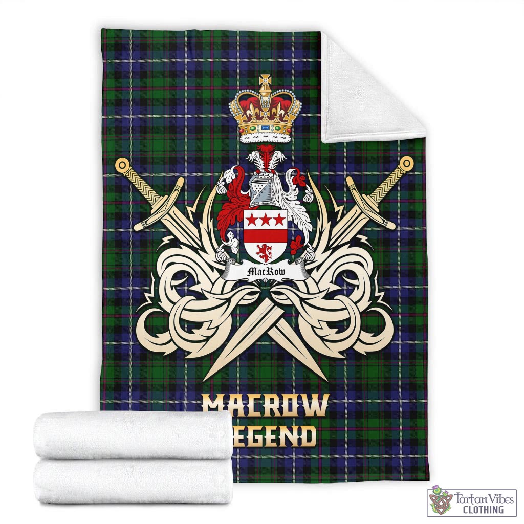 Tartan Vibes Clothing MacRow Hunting Tartan Blanket with Clan Crest and the Golden Sword of Courageous Legacy