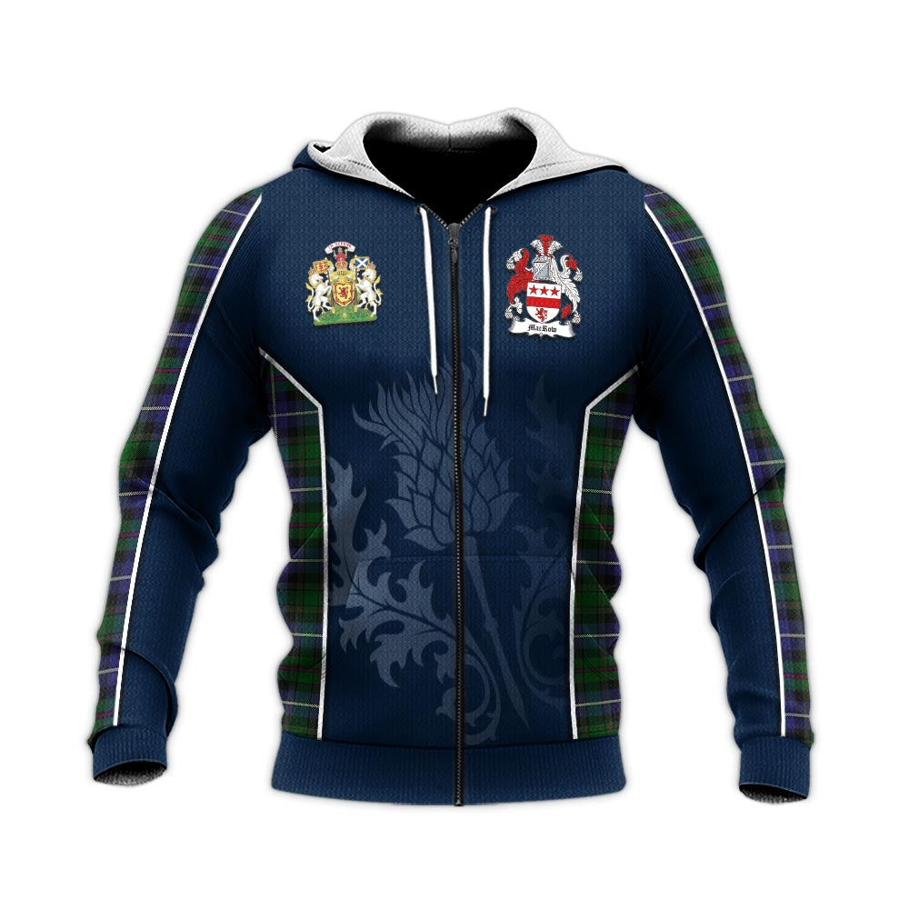 Tartan Vibes Clothing MacRow Hunting Tartan Knitted Hoodie with Family Crest and Scottish Thistle Vibes Sport Style