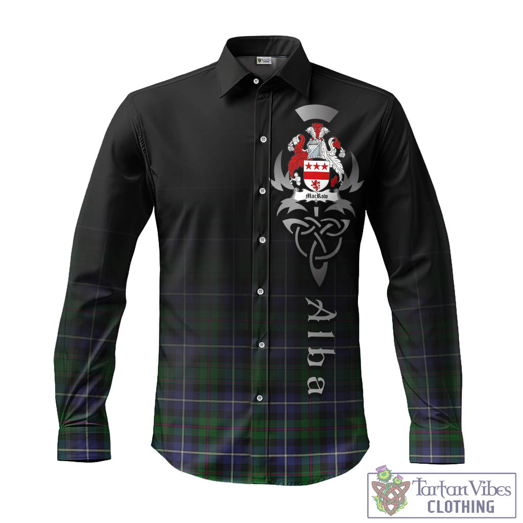 Tartan Vibes Clothing MacRow Hunting Tartan Long Sleeve Button Up Featuring Alba Gu Brath Family Crest Celtic Inspired