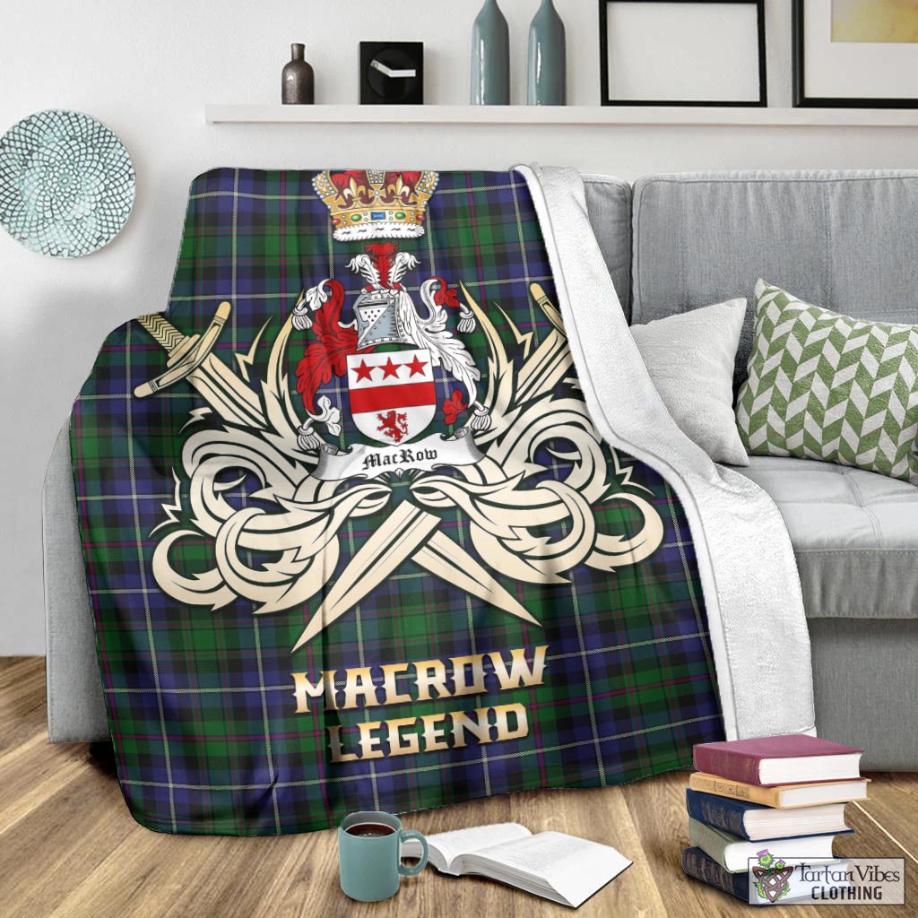 Tartan Vibes Clothing MacRow Hunting Tartan Blanket with Clan Crest and the Golden Sword of Courageous Legacy