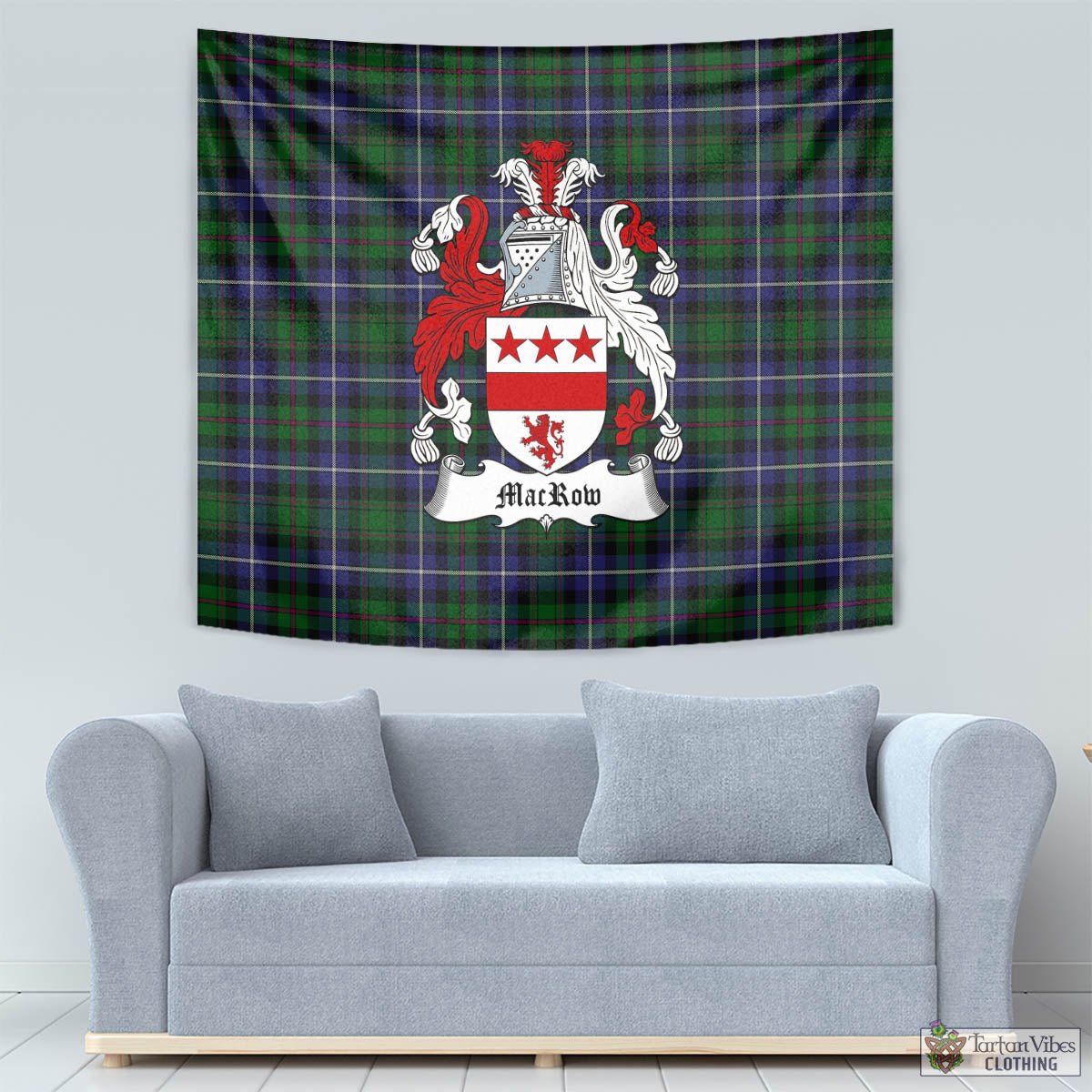 Tartan Vibes Clothing MacRow Hunting Tartan Tapestry Wall Hanging and Home Decor for Room with Family Crest