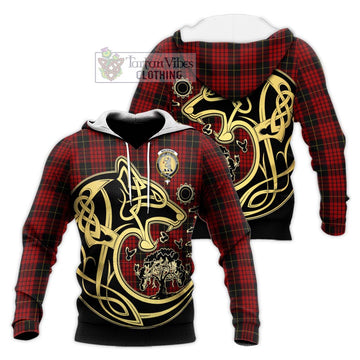 MacSwan Tartan Knitted Hoodie with Family Crest Celtic Wolf Style