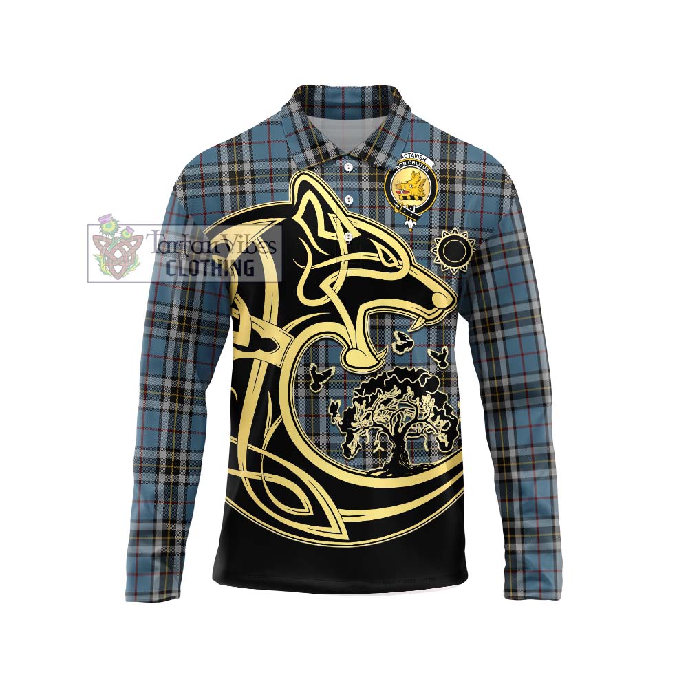 MacTavish Dress Tartan Long Sleeve Polo Shirt with Family Crest Celtic Wolf Style Unisex - Tartanvibesclothing Shop