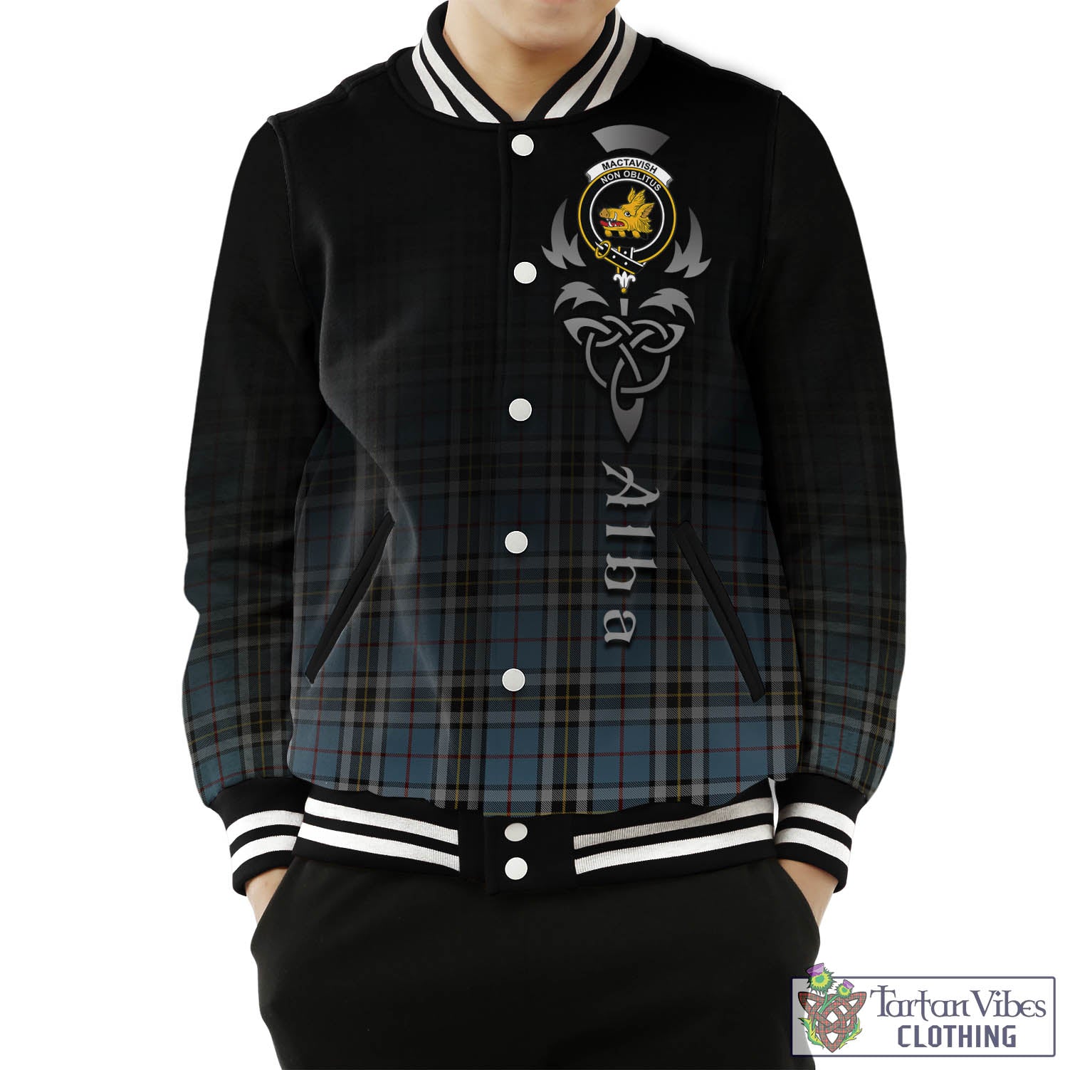 Tartan Vibes Clothing MacTavish Dress Tartan Baseball Jacket Featuring Alba Gu Brath Family Crest Celtic Inspired