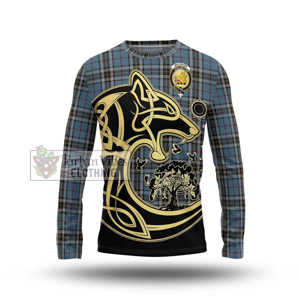 MacTavish Dress Tartan Long Sleeve T-Shirt with Family Crest Celtic Wolf Style Unisex - Tartan Vibes Clothing