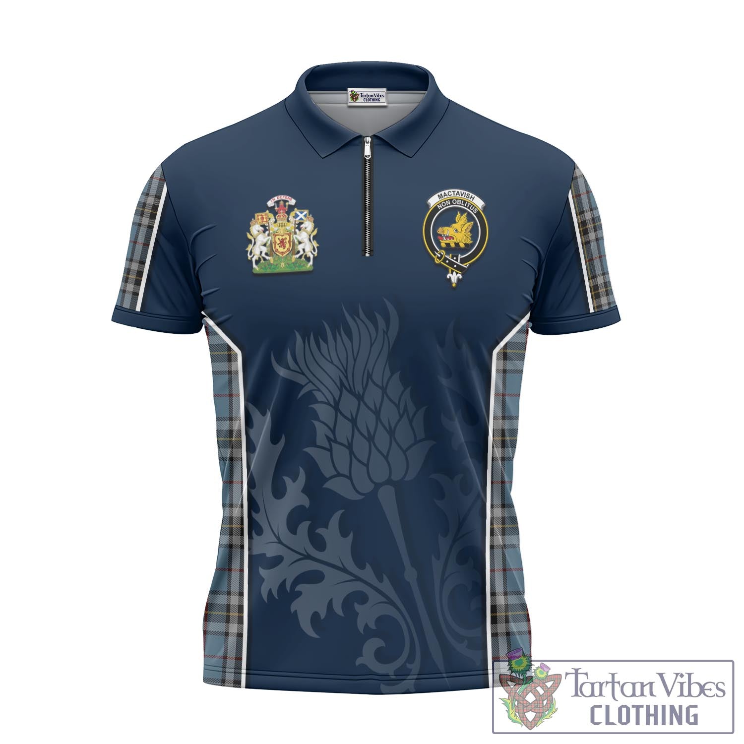 Tartan Vibes Clothing MacTavish Dress Tartan Zipper Polo Shirt with Family Crest and Scottish Thistle Vibes Sport Style