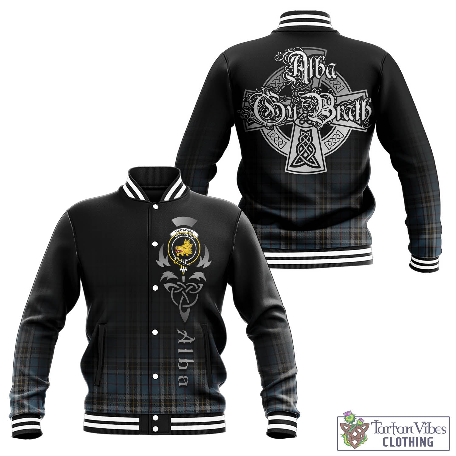 Tartan Vibes Clothing MacTavish Dress Tartan Baseball Jacket Featuring Alba Gu Brath Family Crest Celtic Inspired