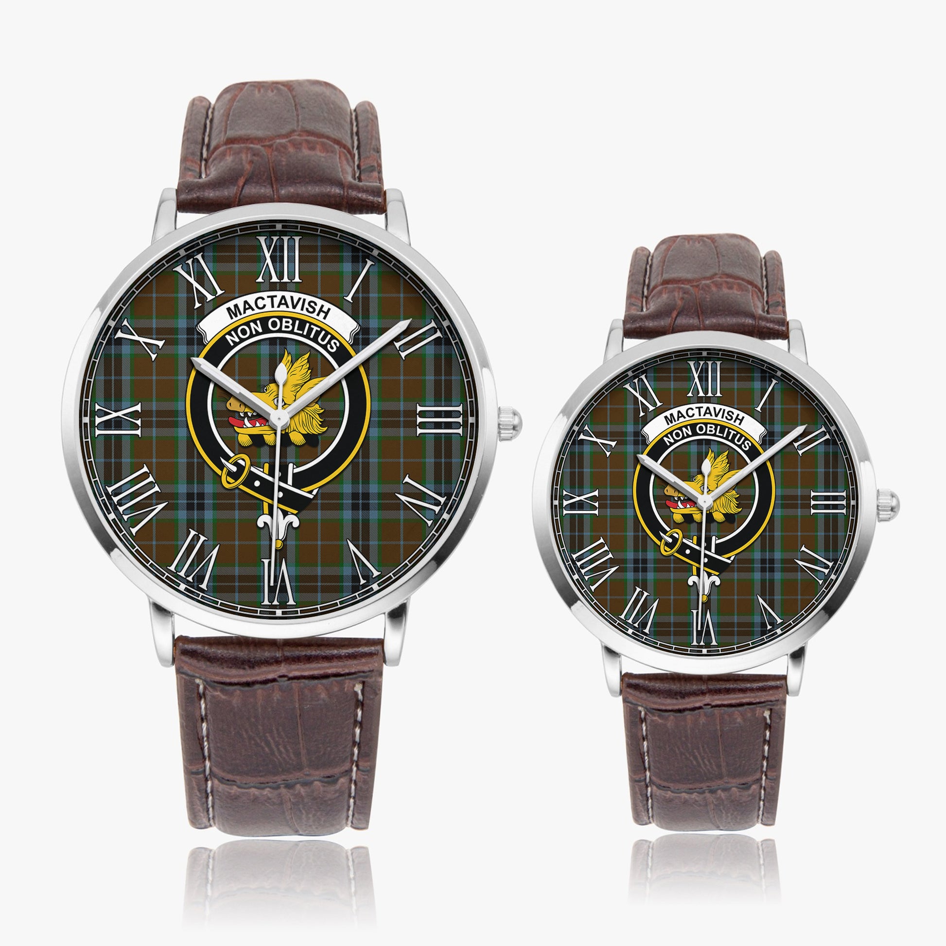 MacTavish Hunting Tartan Family Crest Leather Strap Quartz Watch - Tartanvibesclothing