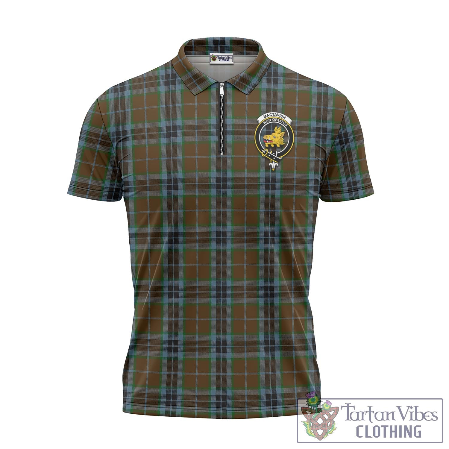 Tartan Vibes Clothing MacTavish Hunting Tartan Zipper Polo Shirt with Family Crest