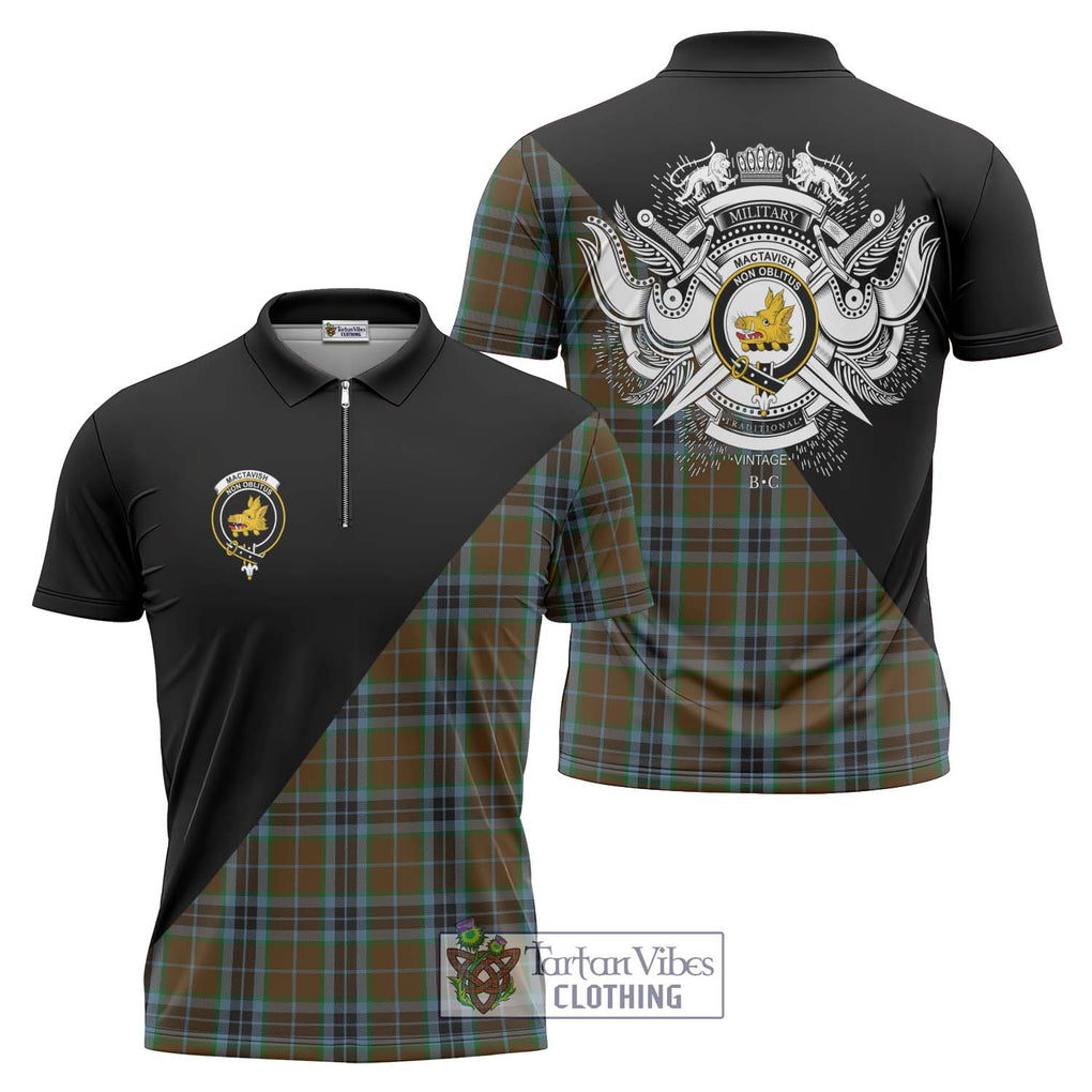 MacTavish Hunting Tartan Zipper Polo Shirt with Family Crest and Military Logo Style Unisex - Tartanvibesclothing Shop