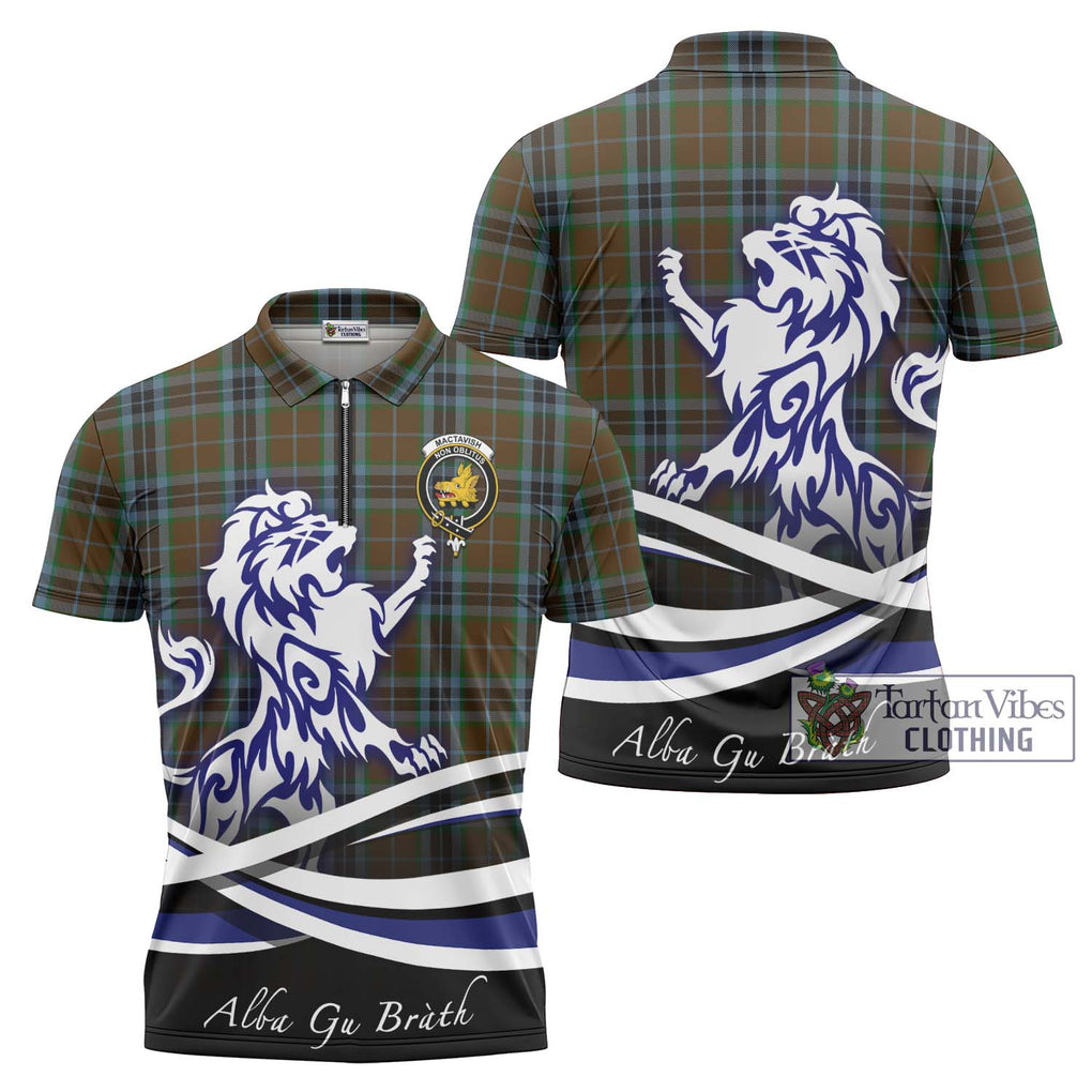 MacTavish Hunting Tartan Zipper Polo Shirt with Alba Gu Brath Regal Lion Emblem Unisex - Tartanvibesclothing Shop