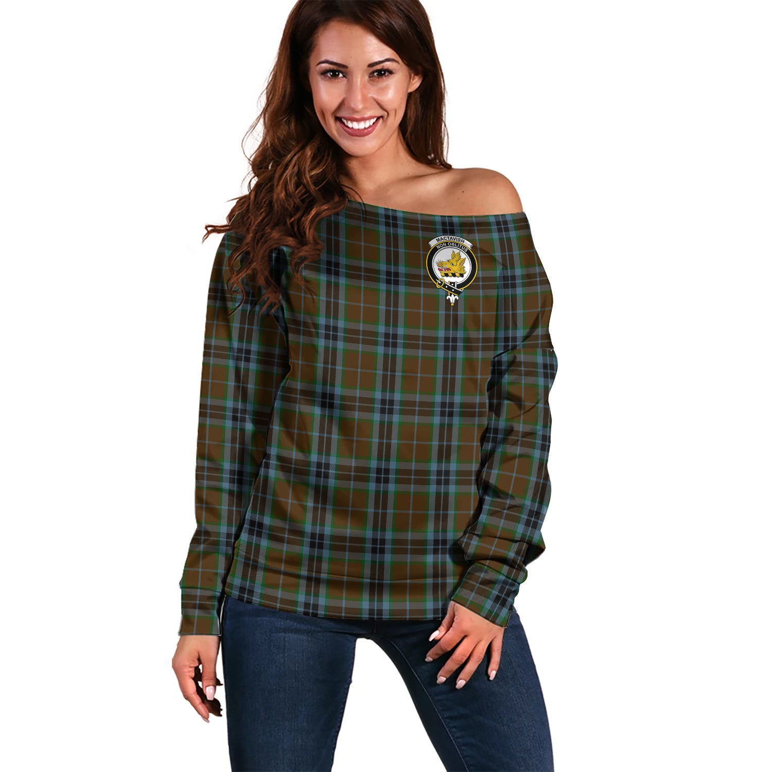 MacTavish Hunting Tartan Off Shoulder Women Sweater with Family Crest Women - Tartanvibesclothing