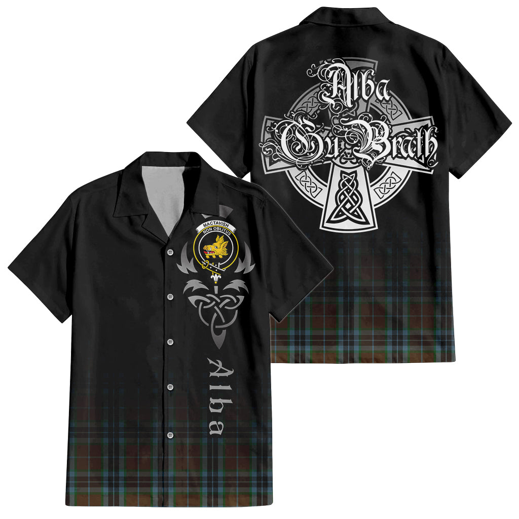 Tartan Vibes Clothing MacTavish Hunting Tartan Short Sleeve Button Up Featuring Alba Gu Brath Family Crest Celtic Inspired