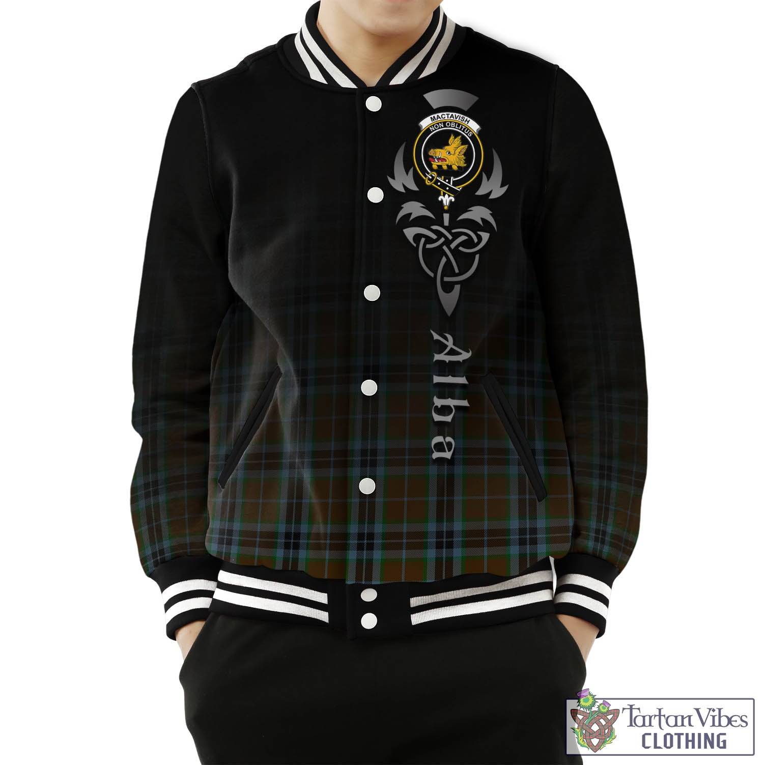 Tartan Vibes Clothing MacTavish Hunting Tartan Baseball Jacket Featuring Alba Gu Brath Family Crest Celtic Inspired