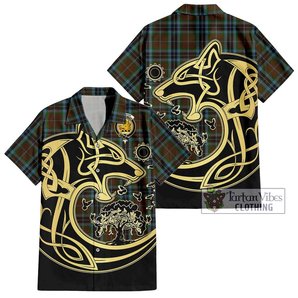 MacTavish Hunting Tartan Short Sleeve Button Shirt with Family Crest Celtic Wolf Style Kid - Tartan Vibes Clothing