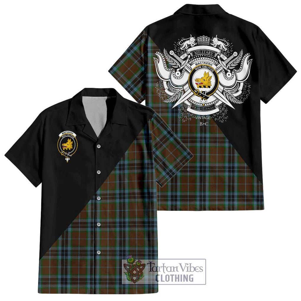 MacTavish Hunting Tartan Short Sleeve Button Shirt with Family Crest and Military Logo Style Kid - Tartanvibesclothing Shop