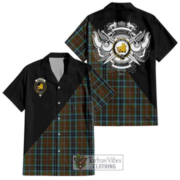 MacTavish Hunting Tartan Short Sleeve Button Shirt with Family Crest and Military Logo Style