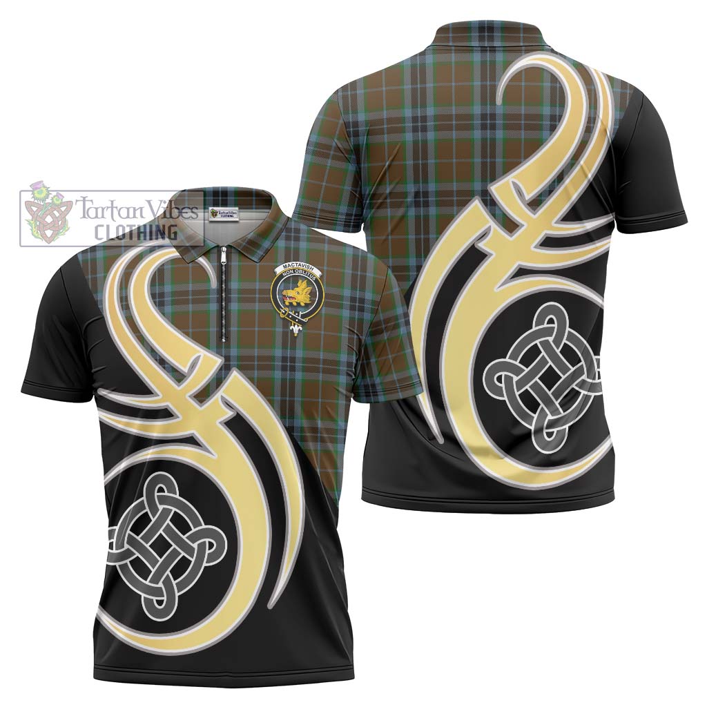 Tartan Vibes Clothing MacTavish Hunting Tartan Zipper Polo Shirt with Family Crest and Celtic Symbol Style