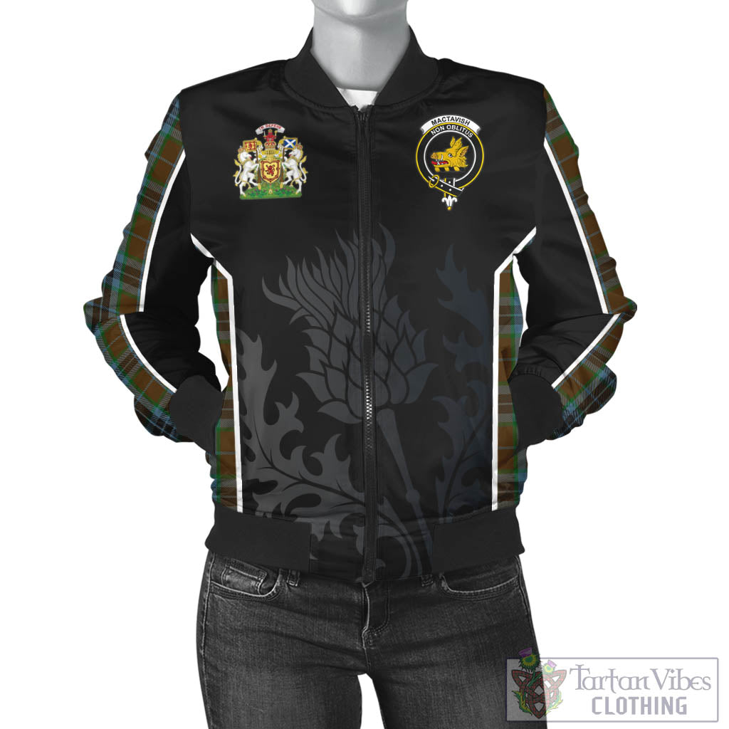 Tartan Vibes Clothing MacTavish Hunting Tartan Bomber Jacket with Family Crest and Scottish Thistle Vibes Sport Style