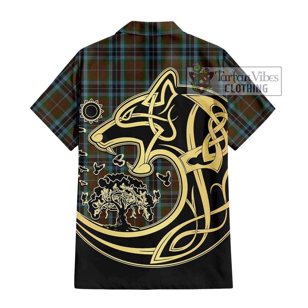 MacTavish Hunting Tartan Short Sleeve Button Shirt with Family Crest Celtic Wolf Style - Tartan Vibes Clothing