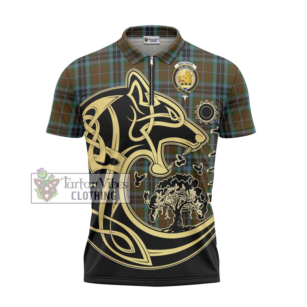 MacTavish Hunting Tartan Zipper Polo Shirt with Family Crest Celtic Wolf Style - Tartanvibesclothing Shop