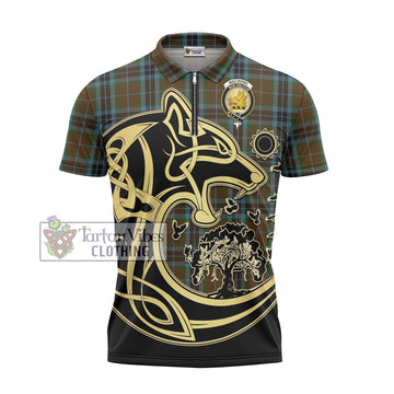 MacTavish Hunting Tartan Zipper Polo Shirt with Family Crest Celtic Wolf Style