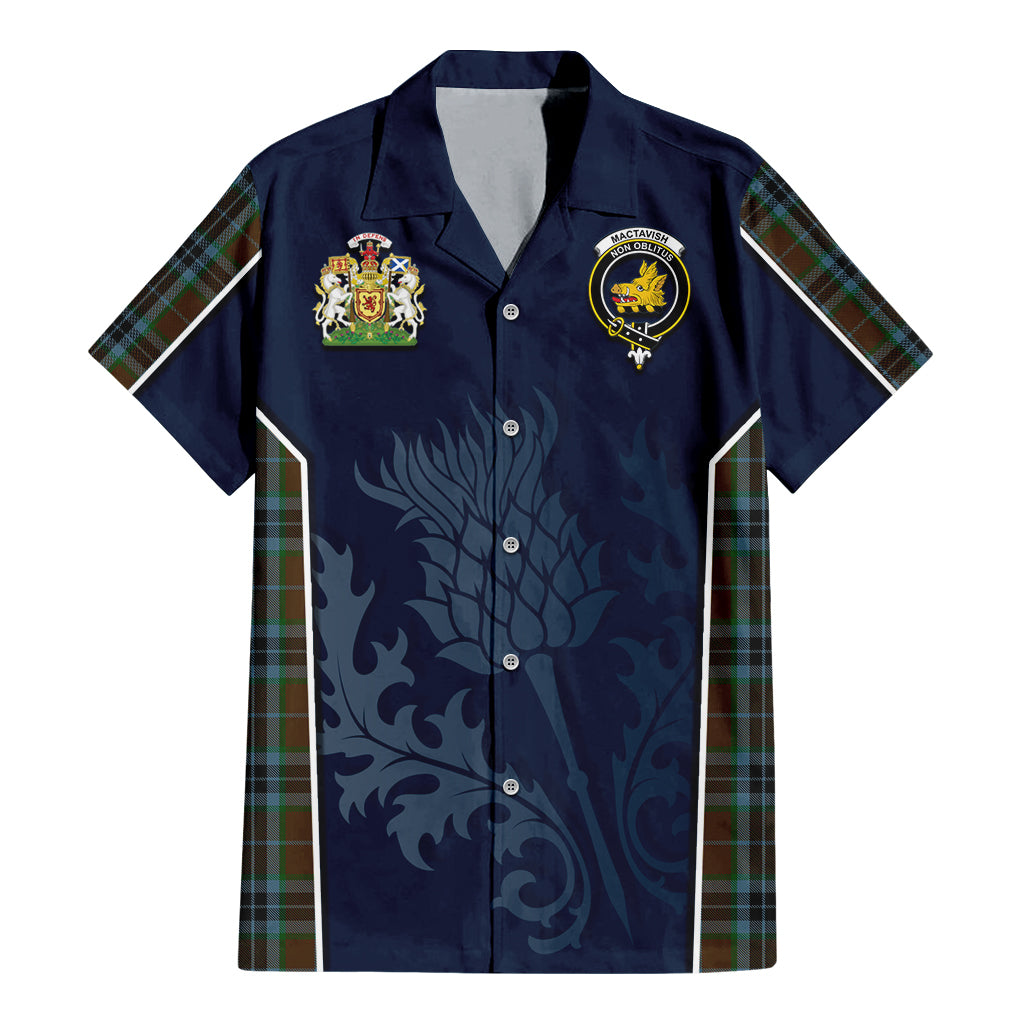 Tartan Vibes Clothing MacTavish Hunting Tartan Short Sleeve Button Up Shirt with Family Crest and Scottish Thistle Vibes Sport Style