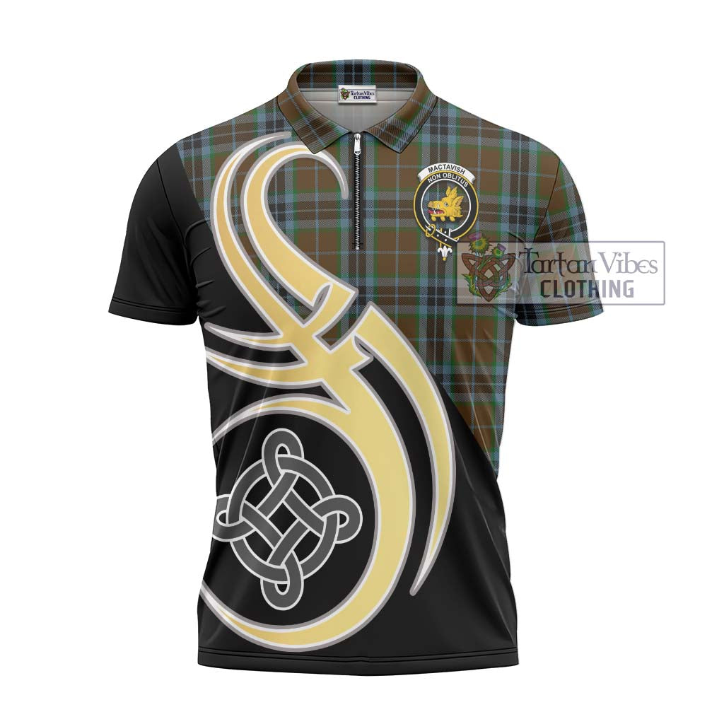 Tartan Vibes Clothing MacTavish Hunting Tartan Zipper Polo Shirt with Family Crest and Celtic Symbol Style