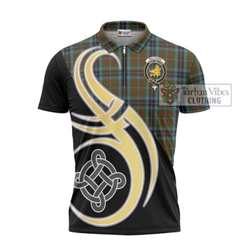 MacTavish Hunting Tartan Zipper Polo Shirt with Family Crest and Celtic Symbol Style