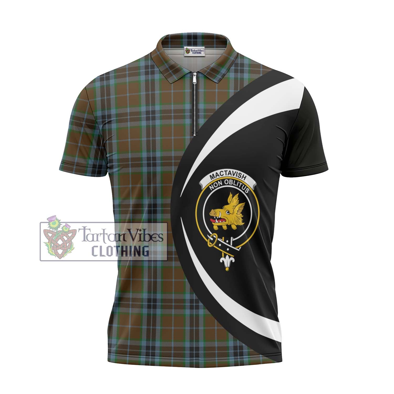 Tartan Vibes Clothing MacTavish Hunting Tartan Zipper Polo Shirt with Family Crest Circle Style