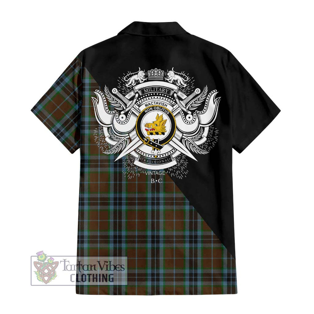 MacTavish Hunting Tartan Short Sleeve Button Shirt with Family Crest and Military Logo Style - Tartanvibesclothing Shop