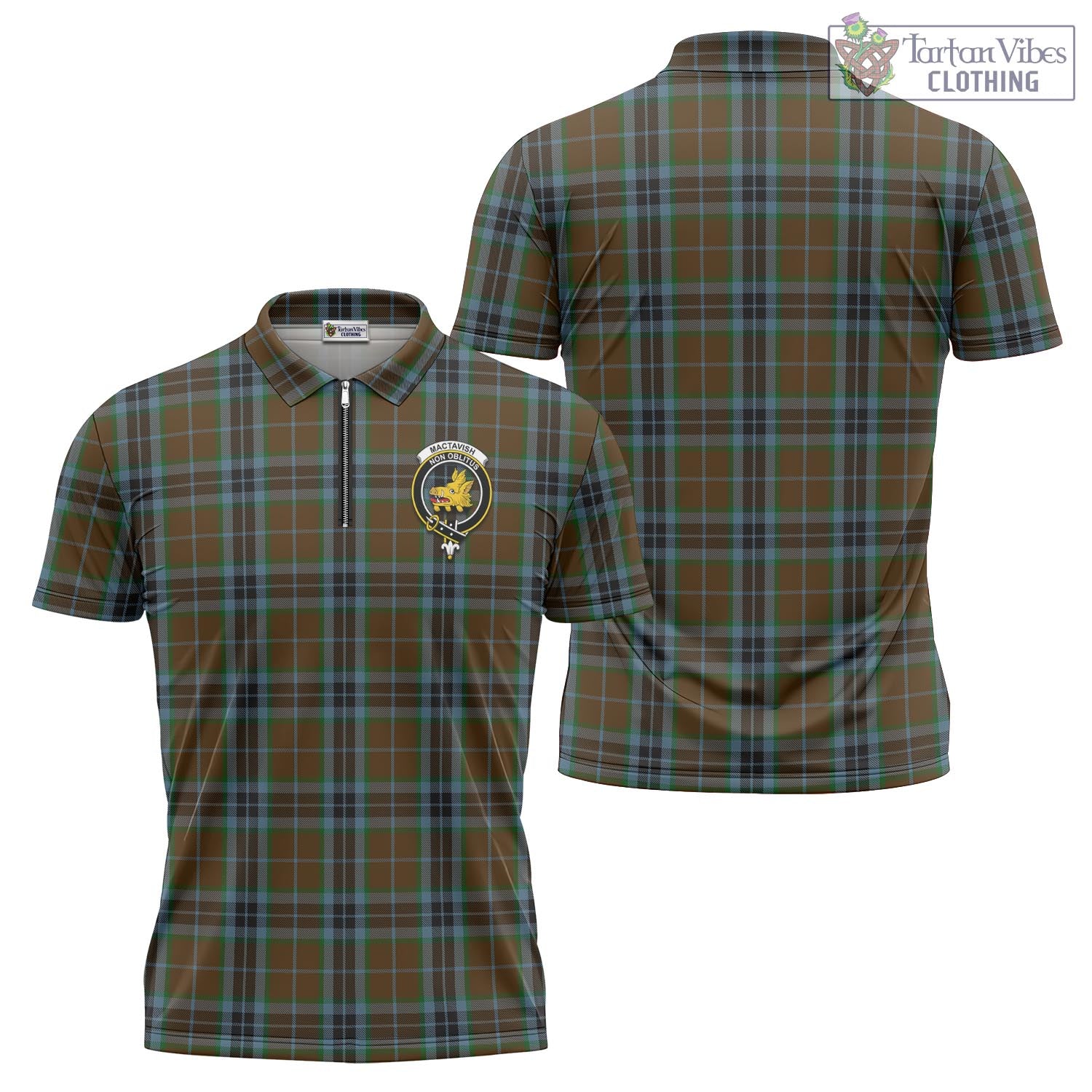 Tartan Vibes Clothing MacTavish Hunting Tartan Zipper Polo Shirt with Family Crest