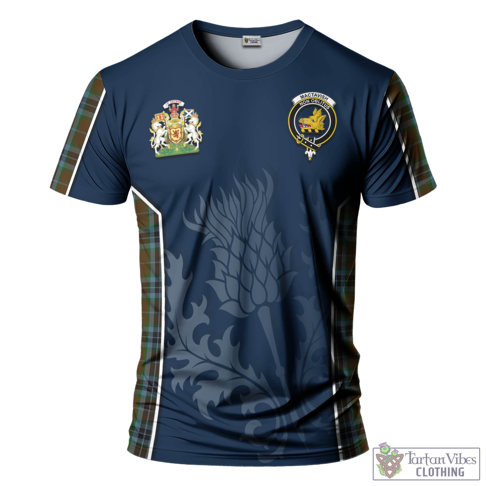 Tartan Vibes Clothing MacTavish Hunting Tartan T-Shirt with Family Crest and Scottish Thistle Vibes Sport Style