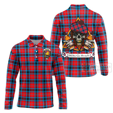 MacTavish (McTavish) Tartan Long Sleeve Polo Shirt with Family Crest and Bearded Skull Holding Bottles of Whiskey