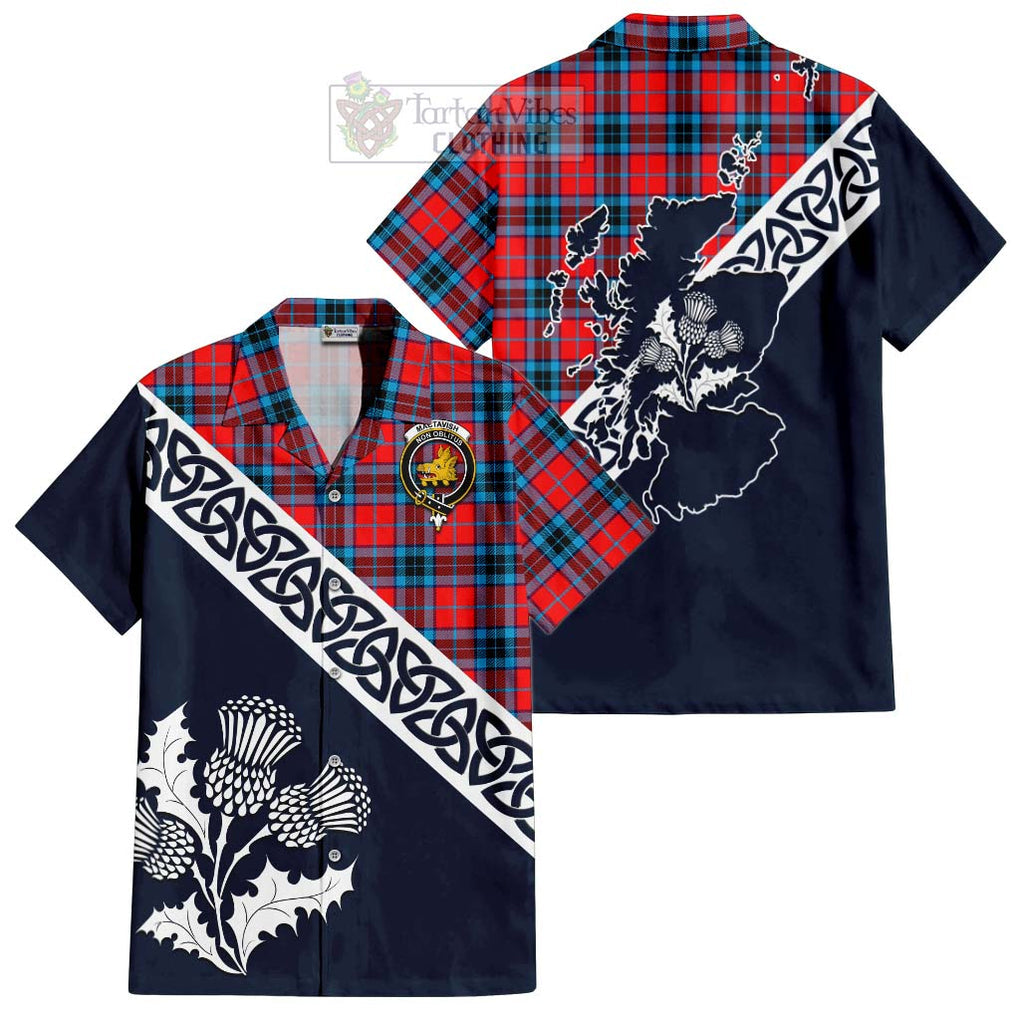 Tartan Vibes Clothing MacTavish (McTavish) Tartan Short Sleeve Button Shirt Featuring Thistle and Scotland Map