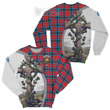 MacTavish (McTavish) Tartan Sweatshirt with Family Crest and St. Andrew's Cross Accented by Thistle Vines