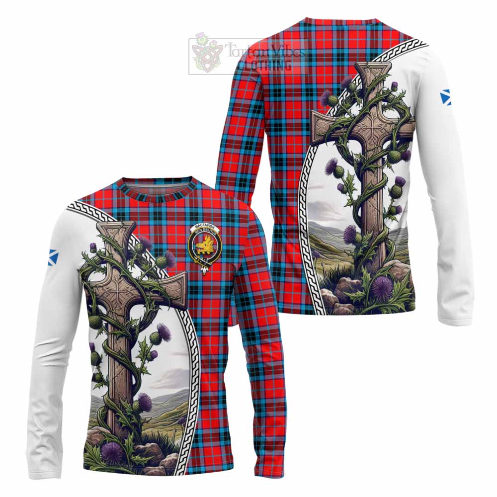 Tartan Vibes Clothing MacTavish (McTavish) Tartan Long Sleeve T-Shirt with Family Crest and St. Andrew's Cross Accented by Thistle Vines